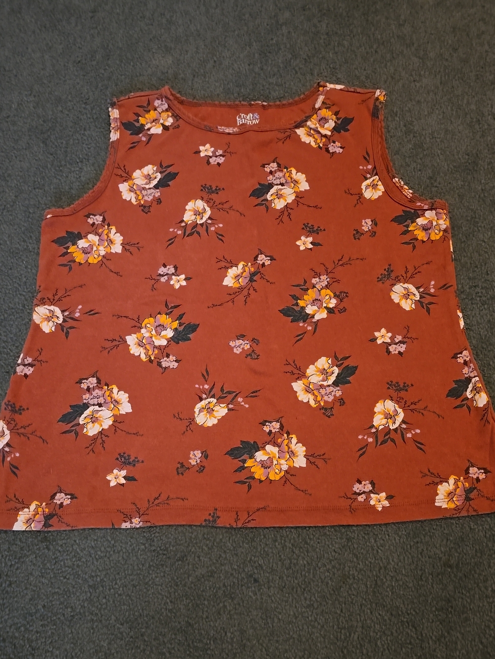 Rust Floral Tank Top with Yellow & Pink Blooms